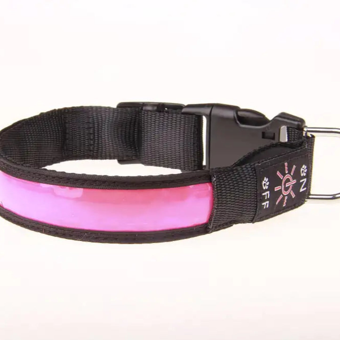 Pink LED dog collar with black strap on a white background