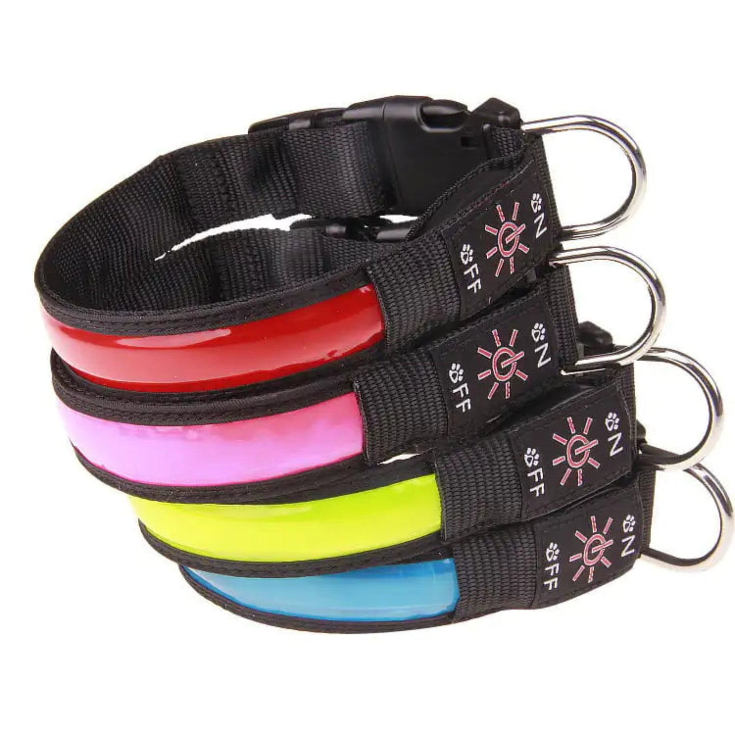 Stack of colorful LED dog collars with black straps on a white background