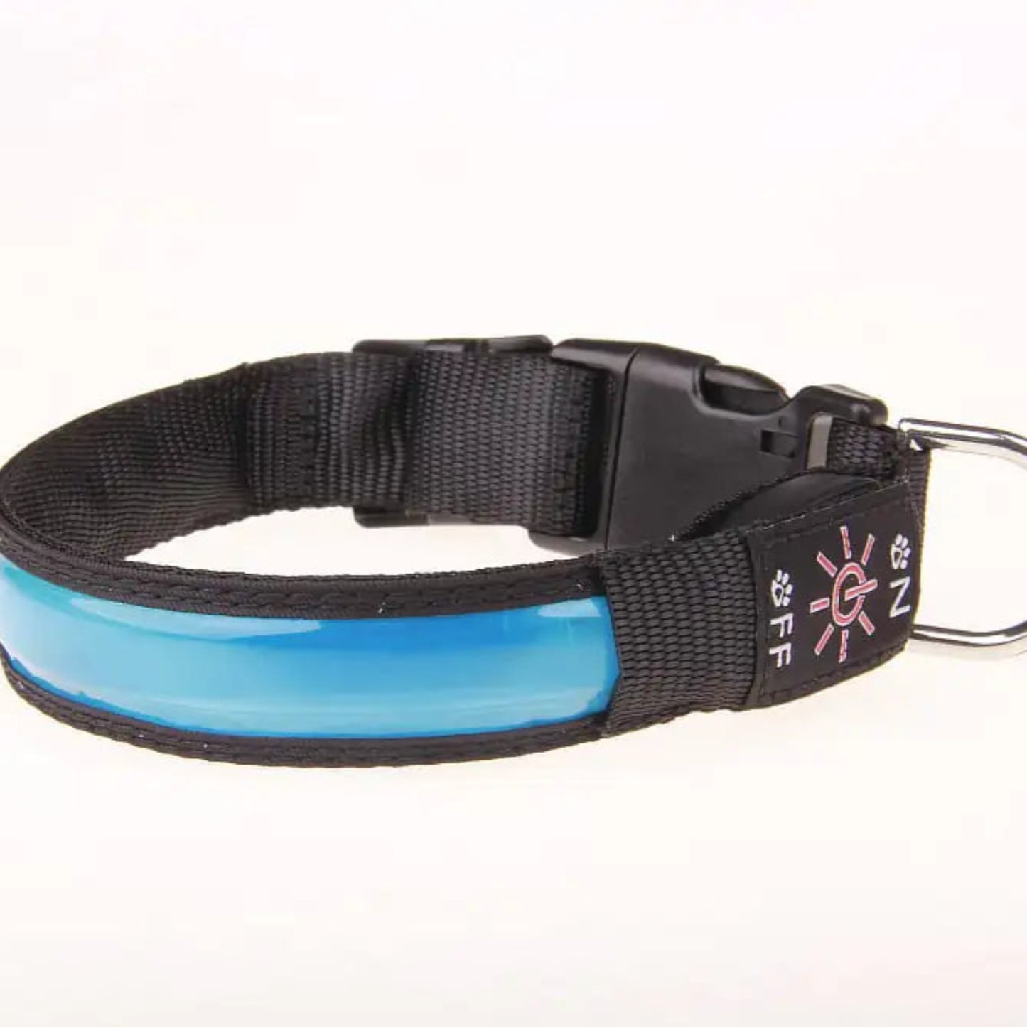 Black and blue dog collar with a reflective strip on a white background
