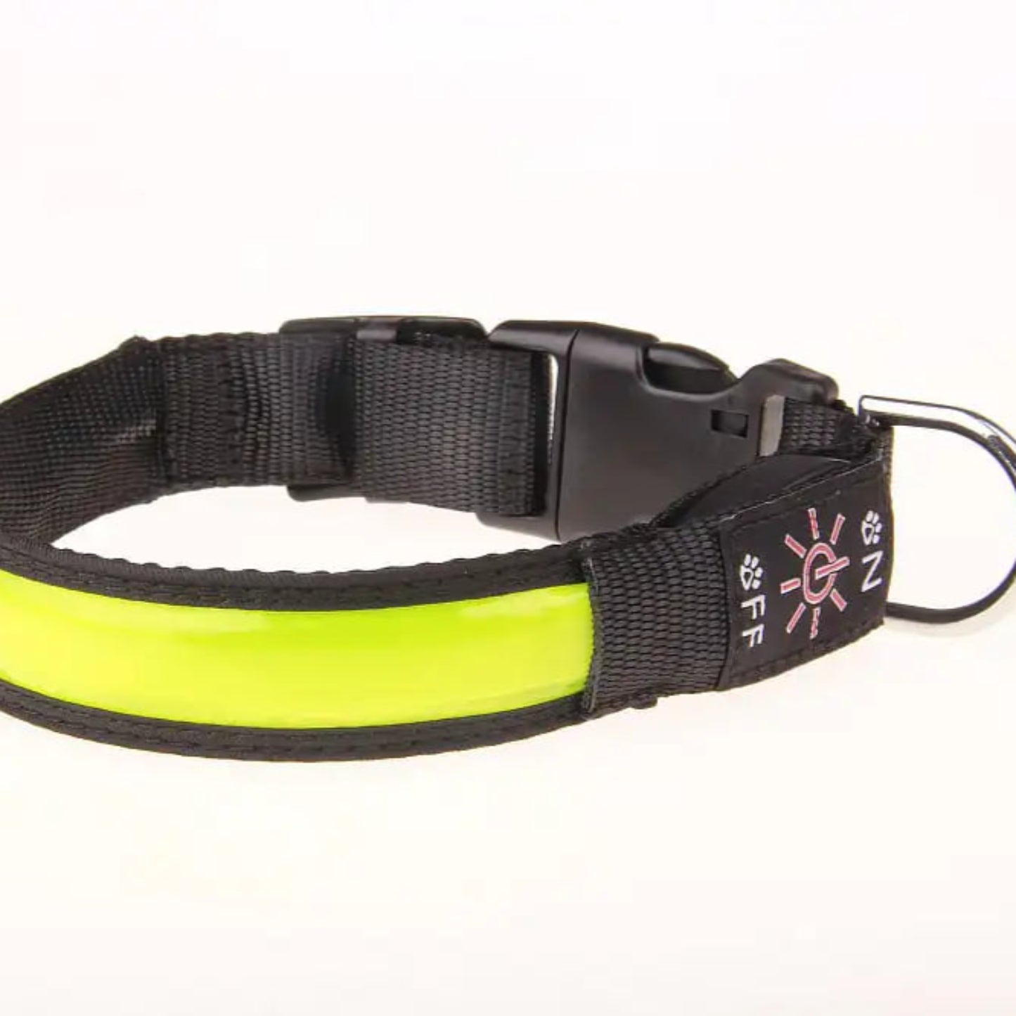 Dog collar with reflective yellow strip and black buckle on a white background