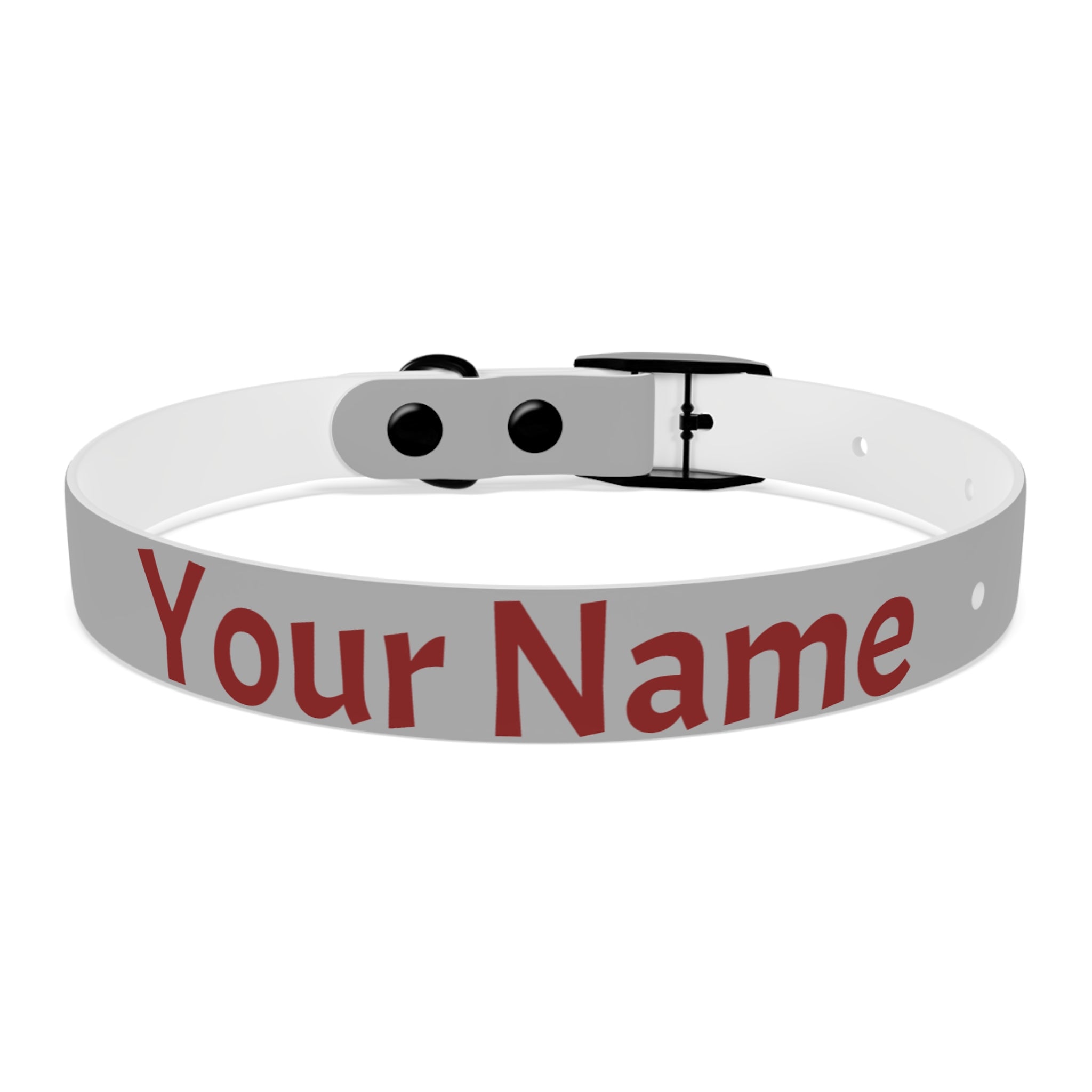 White dog collar with red text 'Your Name' on a white background