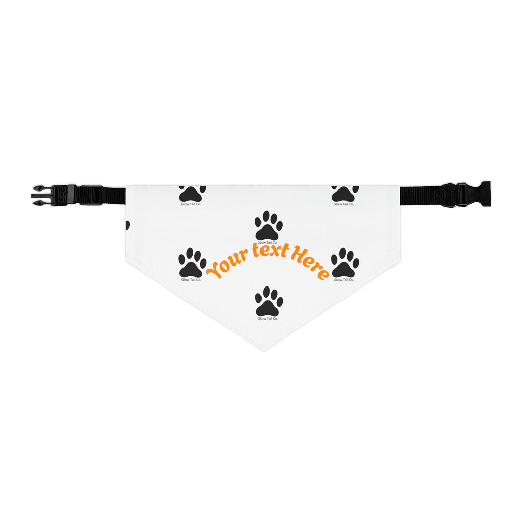 White dog bandana with black paw prints and customizable text area on a white background