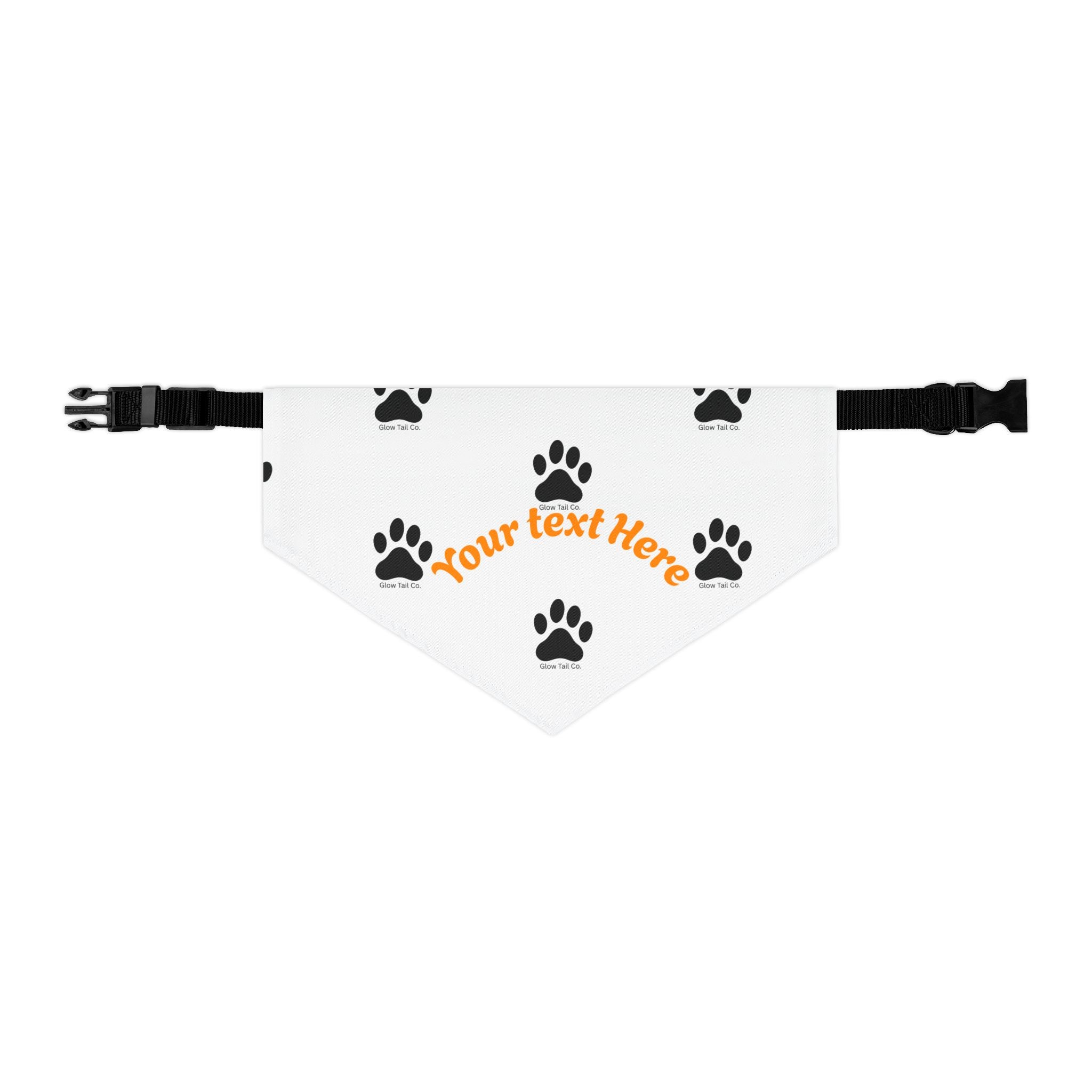 White dog bandana with black paw prints and customizable text area on a white background