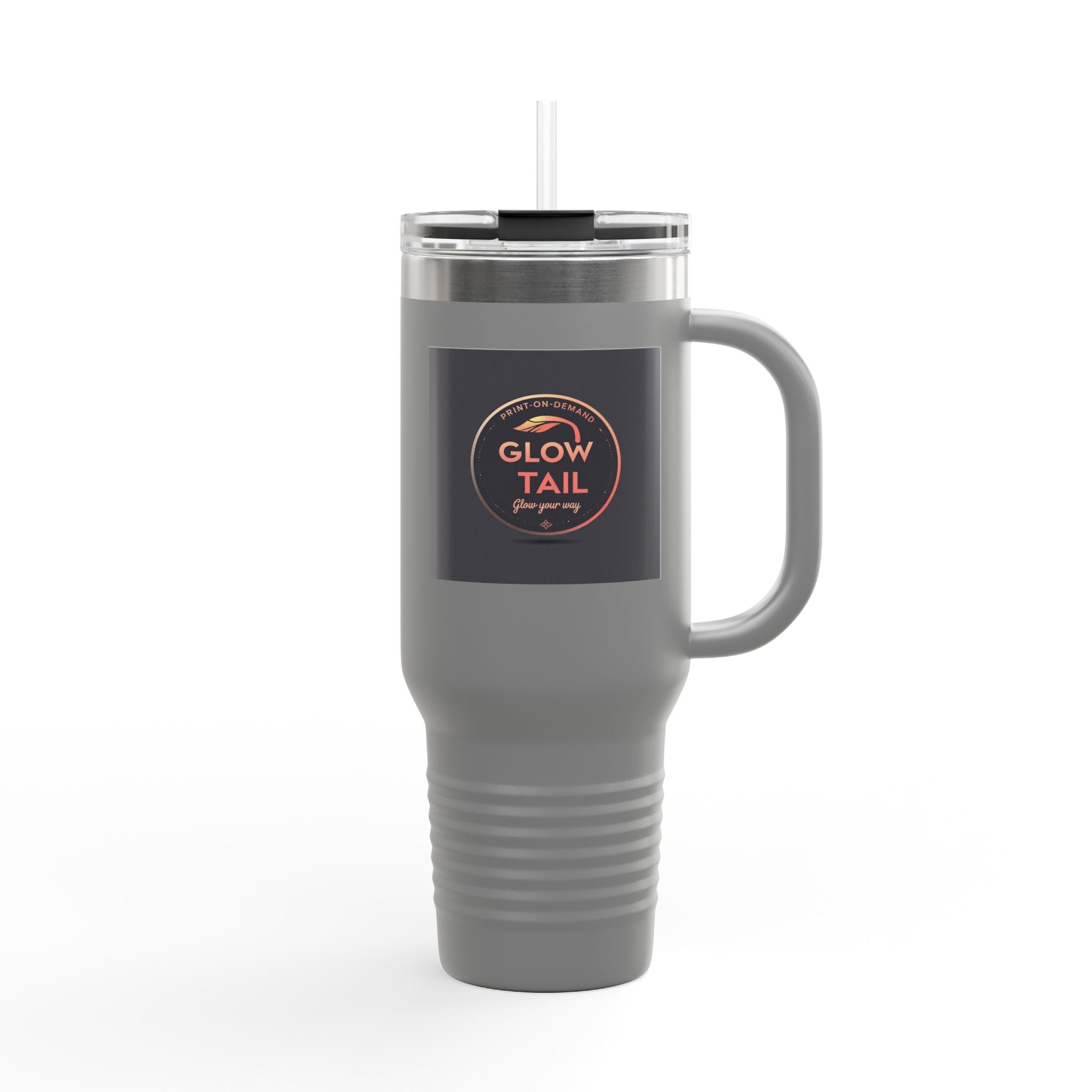 Gray travel mug with a black label on a white background