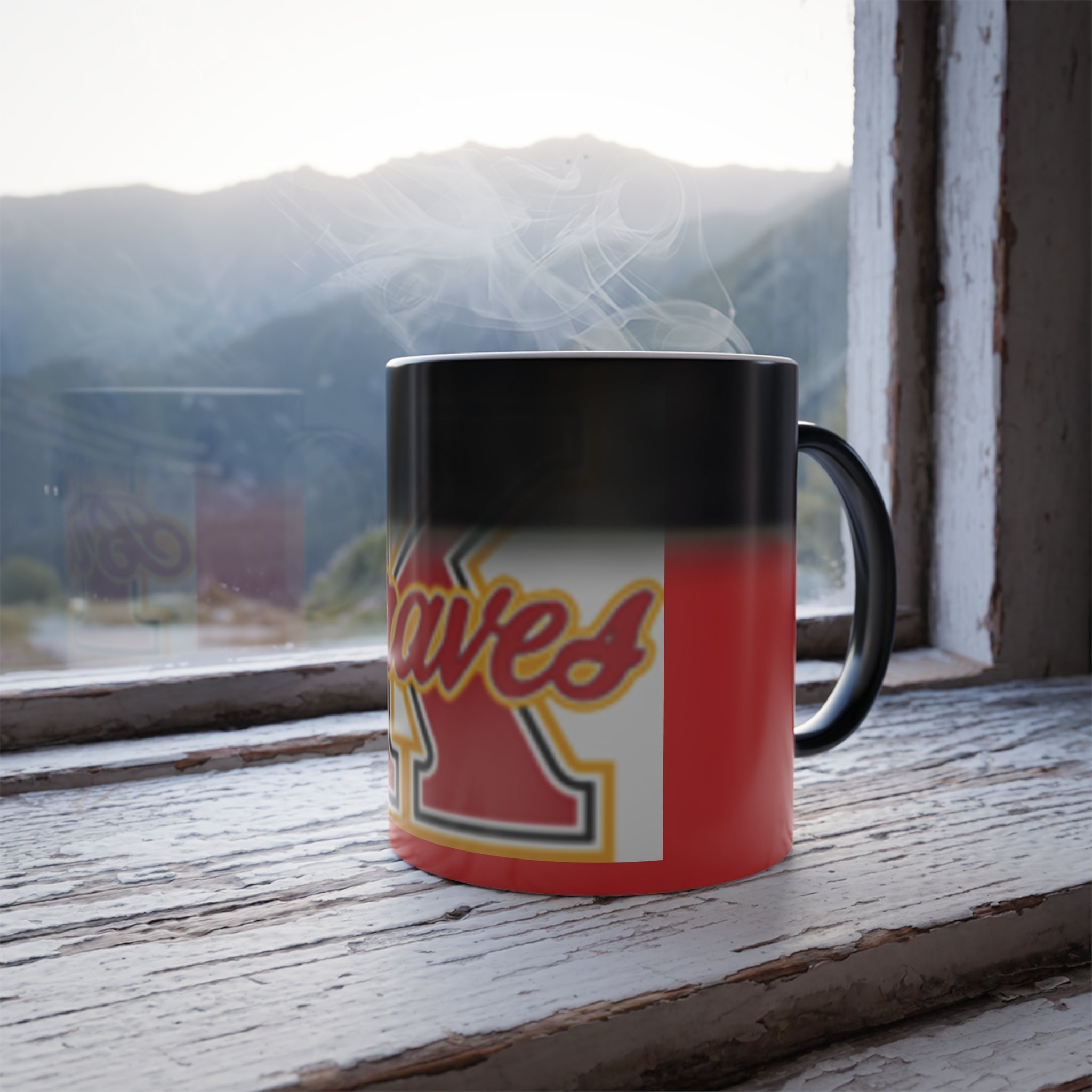 Mug with a logo on a windowsill with a mountain view